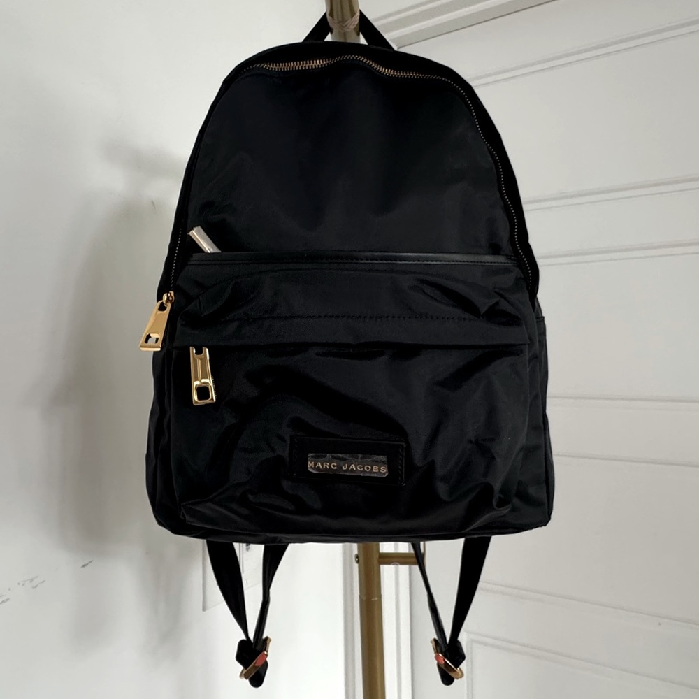 New Black Sturdy Nylon Gold Hardware Medium Backpack Minimalist Preppy Utility